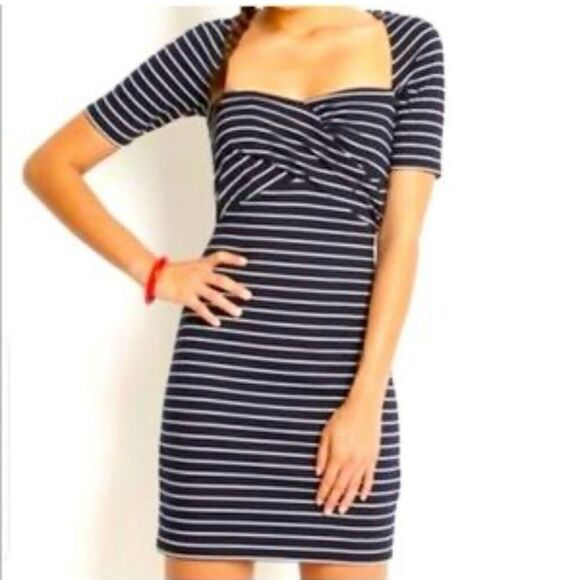 MISS SIXTY Navy White Striped Stretch A-line Midi Dress Women’s Size 4 - Picture 2 of 11